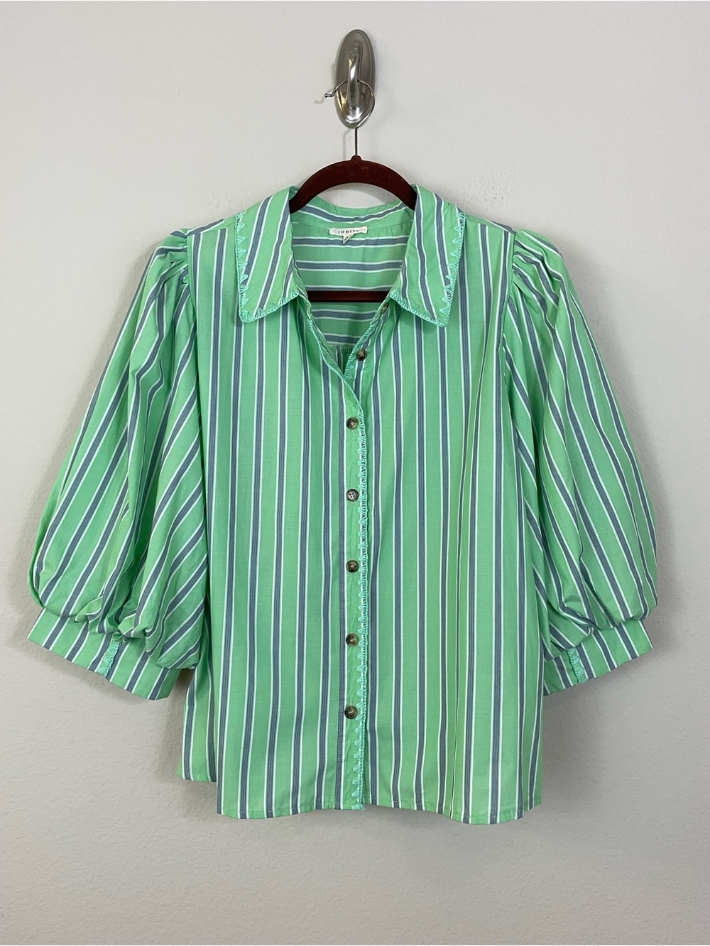 Jodifl Green Striped Embroidered‎ Trim Puff Sleeves Poplin Button Up Top Size M